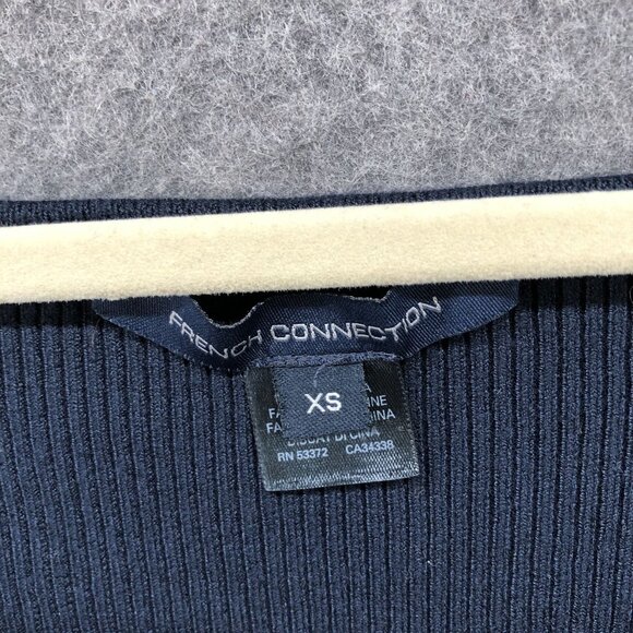 French Connection Ribbed Puff Sleeve Square Neck Top Womens XS Navy Blue Sweater - Picture 7 of 10